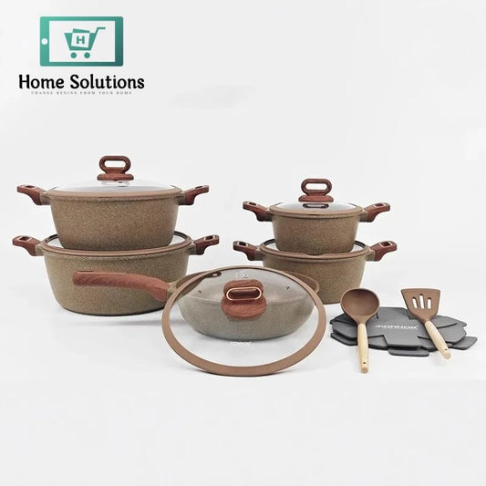 Eco-Friendly Die-Cast Aluminium Cookware Set – Non-Stick Granite Coating with Glass Lids for Gas Stoves