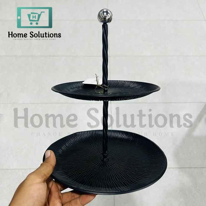 Luxury engraved 2-tier black metal dessert stand and snack platter, perfect for Eid and weddings in Pakistan