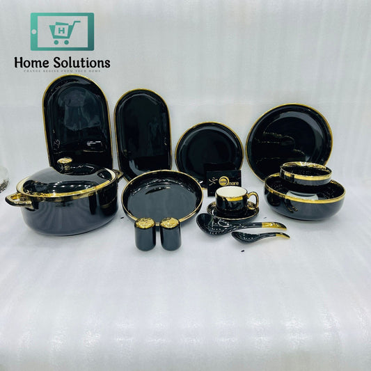 Black Round Porcelain Dinner Set 51-Piece – Wide Golden Rim Design for 6 Persons