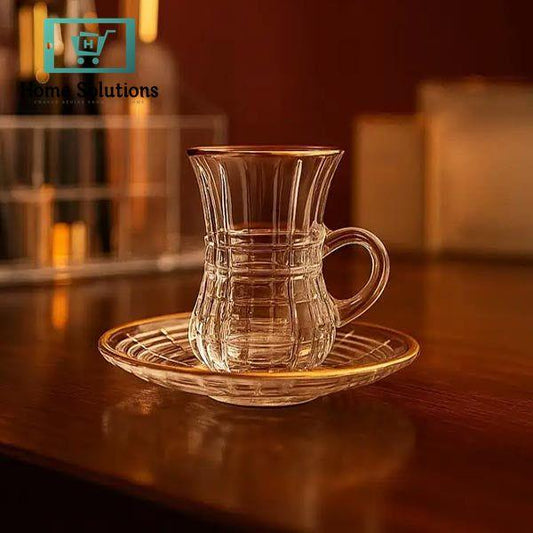 Luxury Turkish Tea Glass Set with Saucers – 6 Pcs 110ml Gold Rim Design