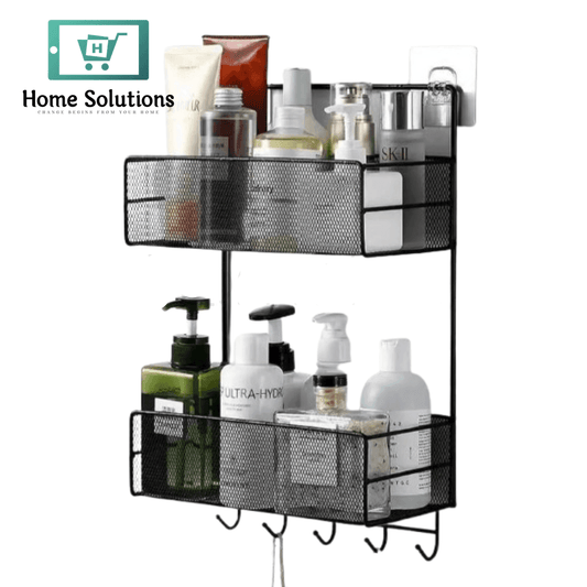 Black mesh wall-mounted storage caddy with bathroom products on a white background, featuring 'Home Solutions' branding.