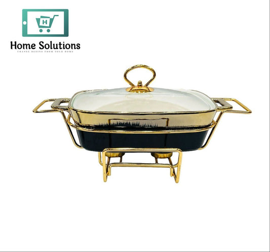 Elegant Ceramic Buffet Dish with Golden Stand and Glass Lid