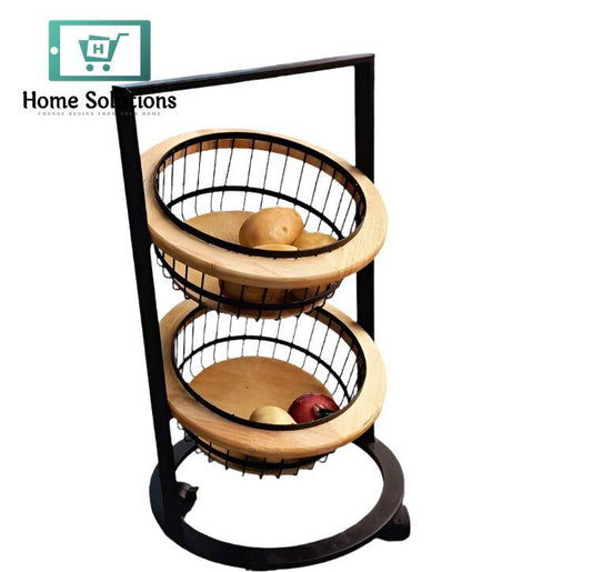 Portable 2-Tier Luxury Onion Basket – Elegant Metal Storage with Wooden Top