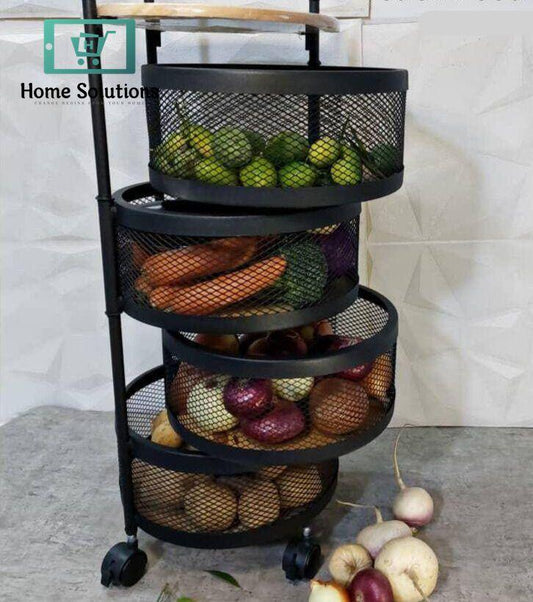 4-Tier Heavy Metal Onion Basket with Wooden Top – Premium Vegetable Storage Rack for Kitchen & Pantry