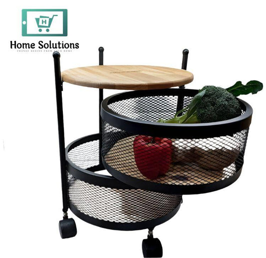 2-Tier Heavy Metal Onion Basket with Wooden Top – Durable Kitchen Storage Organizer