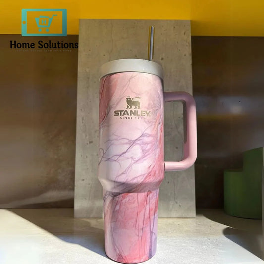 Stanley 40oz Pink Marble Tumbler – Printed Edition with Handle