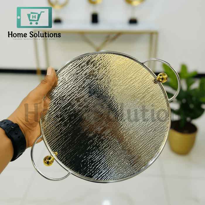 Mirrored Round Serving Tray - Gold Handles Elegant Decor