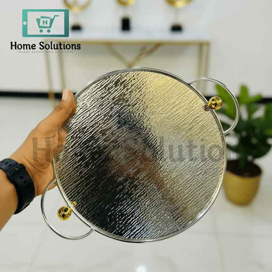 Mirrored Round Serving Tray - Gold Handles Elegant Decor