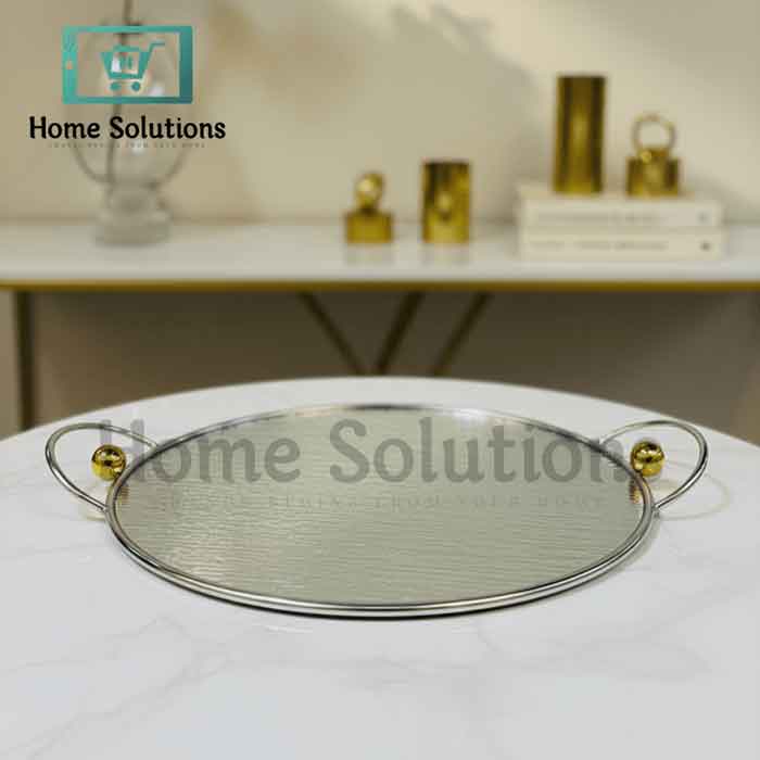 Mirrored Round Serving Tray - Gold Handles Elegant Decor