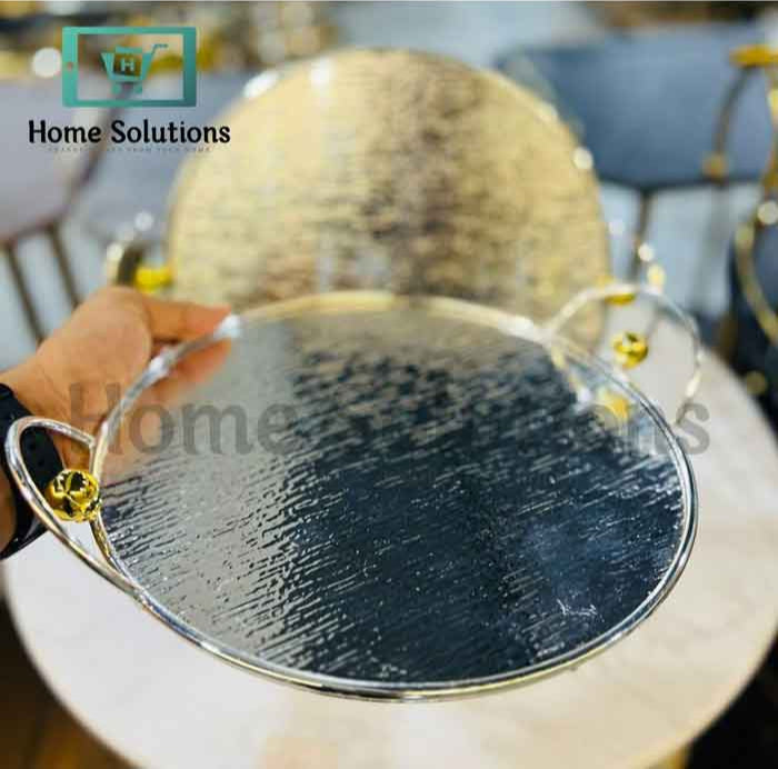 Mirrored Round Serving Tray - Gold Handles Elegant Decor