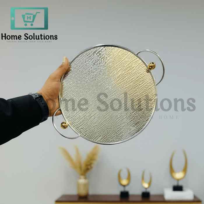 Mirrored Round Serving Tray - Gold Handles Elegant Decor