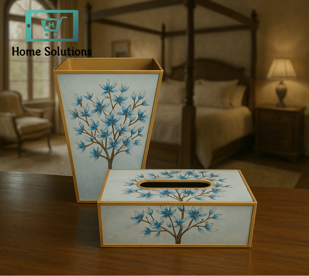 Angela Blue Magnolia Tissue Box & Wastebasket Set – Elegant Floral Décor for Home & Office