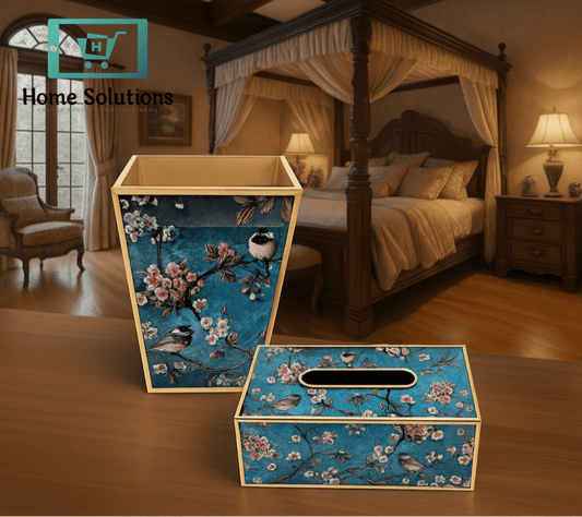 Angela Floral Bird Tissue Box & Wastebasket Set – Elegant Decorative Accessories for Home & Office