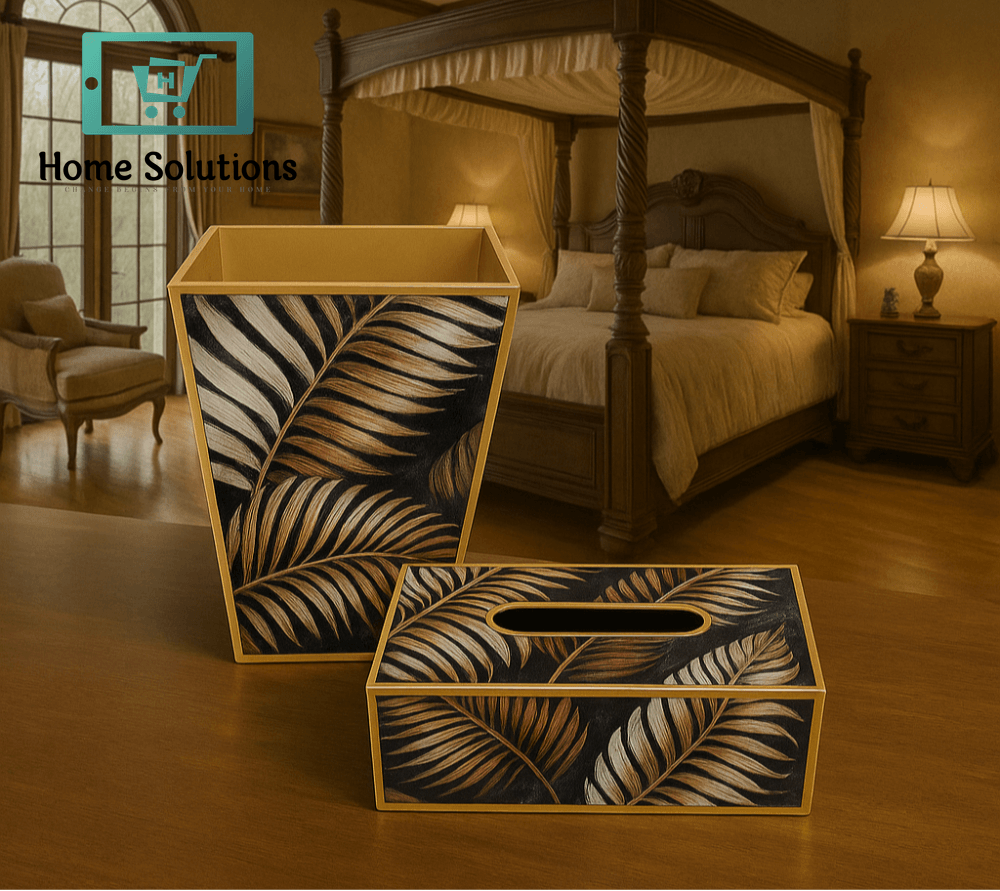 Angela Palm Leaf Tissue Box & Wastebasket Set – Tropical Elegance for Home Décor