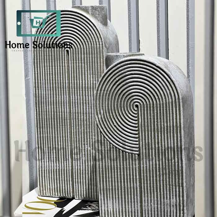 Arched Ribbed Vases - Modern Grey Resin Decor