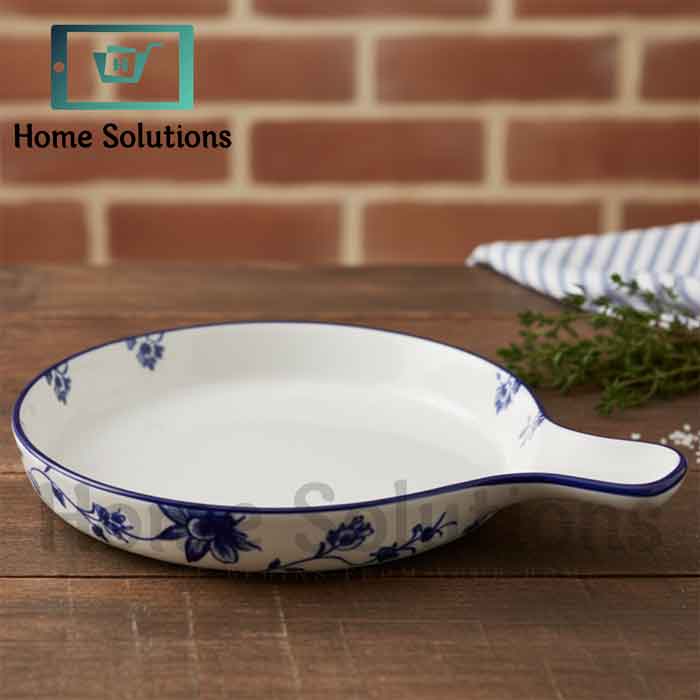 Fine Porcelain Round Baker with Handle 9" - Blue Floral Design