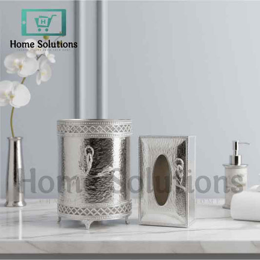 Elegant Silver Plated Tissue Box & Trash Bin Set - Home Decor
