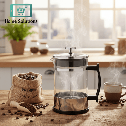 French press coffee maker on a wooden table with coffee beans and a scoop.
