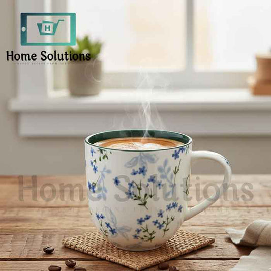 Elegant Green & Blue Floral Porcelain Mug | 400ml Coffee Tea