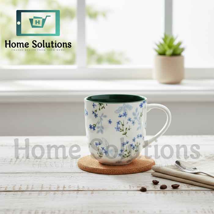 Elegant Green & Blue Floral Porcelain Mug | 400ml Coffee Tea
