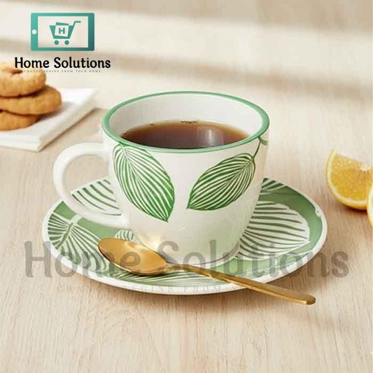 Danny Home Cup & Saucer Set - 200ml Green Leaf Design Set of 6