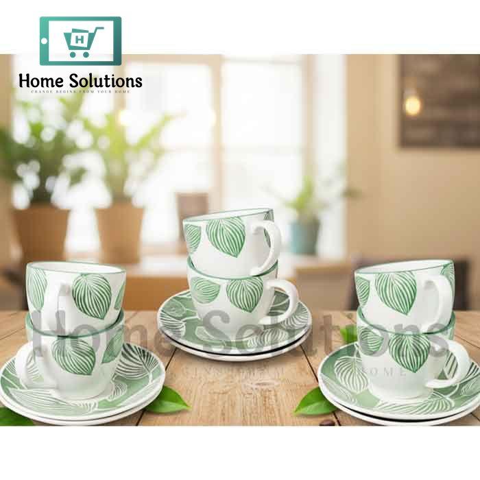 Danny Home Cup & Saucer Set - 200ml Green Leaf Design Set of 6