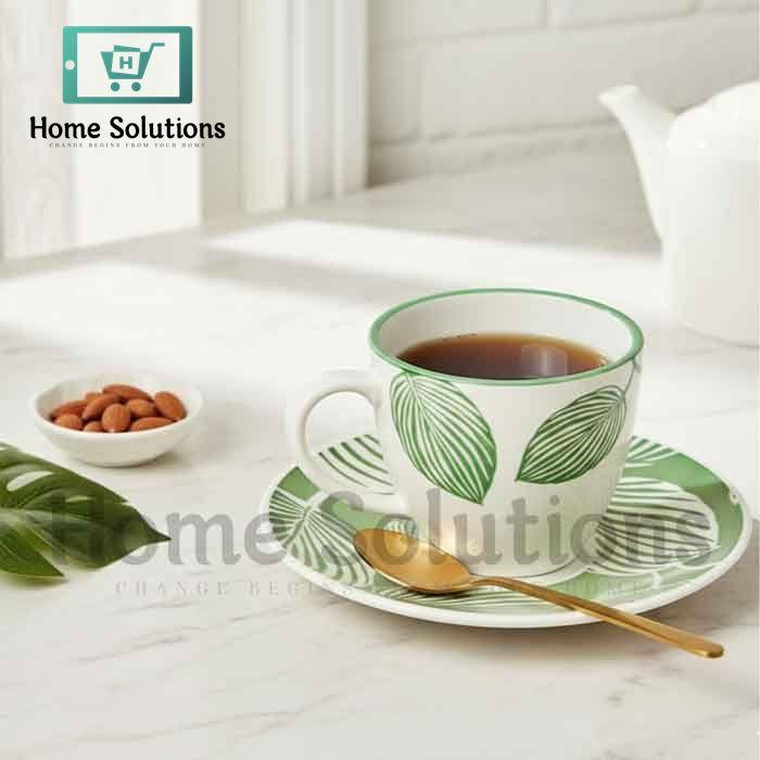Danny Home Cup & Saucer Set - 200ml Green Leaf Design Set of 6