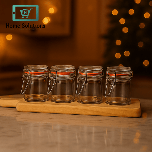 Danny Home 5-Piece Glass Spice Jar Set with Wooden Tray – Airtight Storage for Kitchen Use
