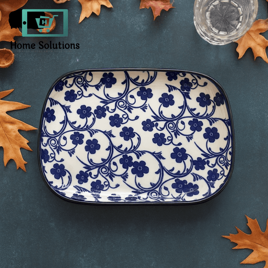 Danny Home Rectangular Ceramic Serving Plate – Elegant Blue Floral Pattern for Stylish Serving