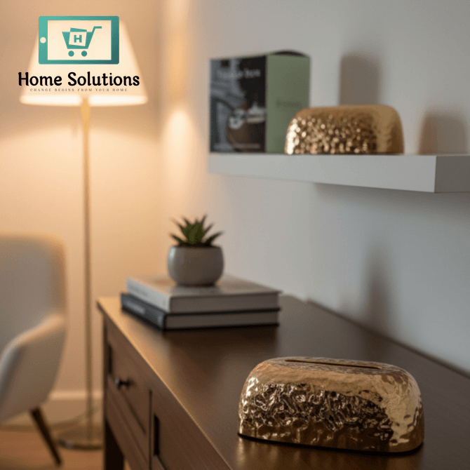 Living room with a wooden console table, gold decorative item, and a lamp.