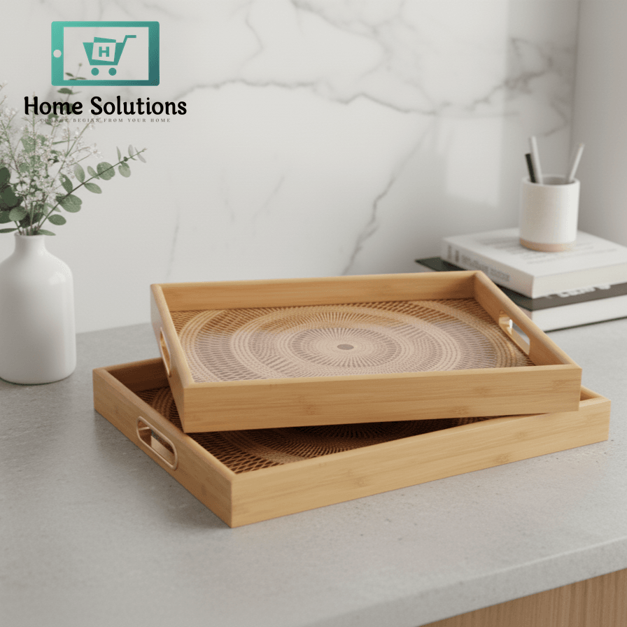 Wooden trays with a geometric design on a marble countertop