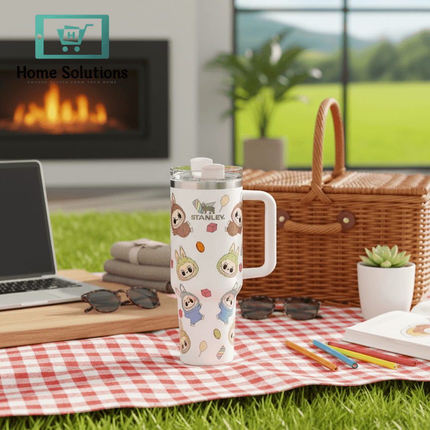 Tumbler with cartoon characters on a picnic blanket outdoors