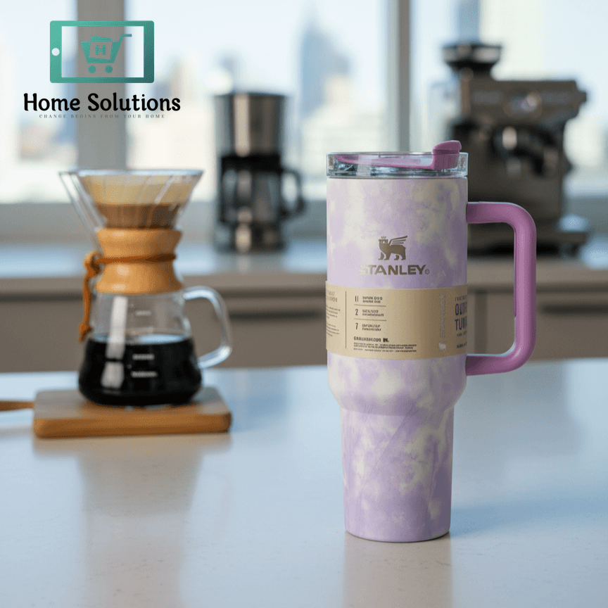 A lavender and light purple tie-dye patterned Stanley Quencher H2.0 FlowState Tumbler