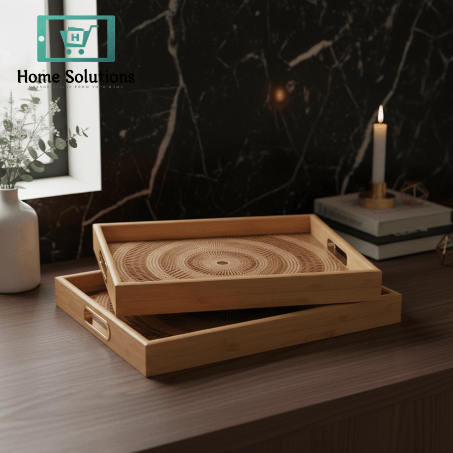 bamboo tray set with golden handle in bathroom
