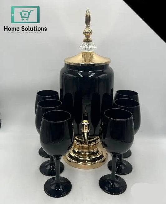 Glass Beverage Dispenser Set with 6 Glasses – 3 Ltr 7 PCS Black