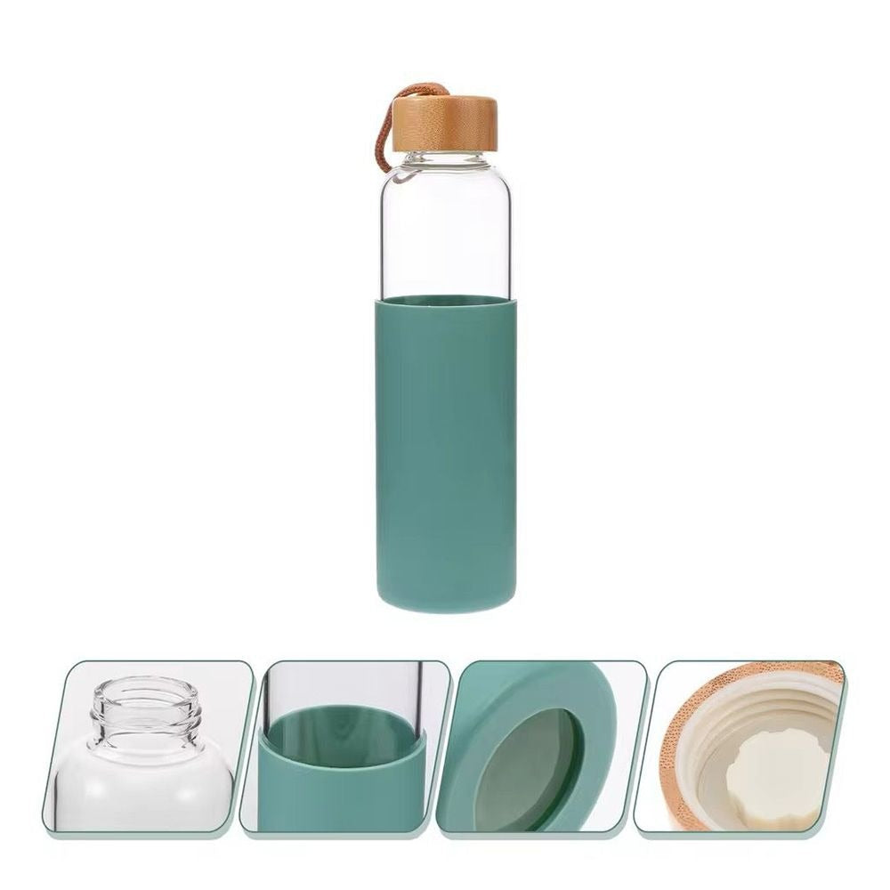 Glass Water Bottle With Wooden Cap & Silicone Cover