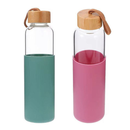 Glass Water Bottle With Wooden Cap & Silicone Cover