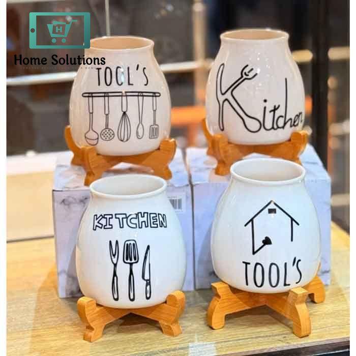 Porcelain Spoon Holder with Wooden Stand