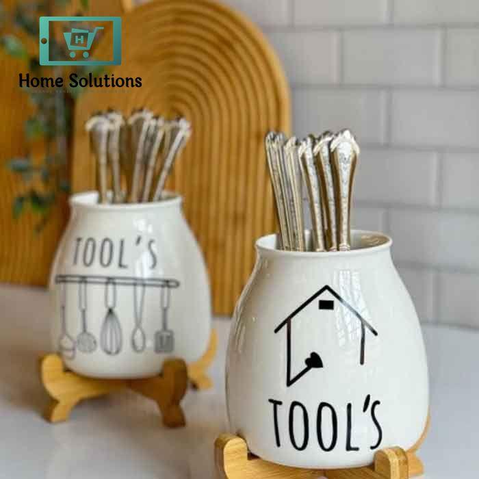 Porcelain Spoon Holder with Wooden Stand