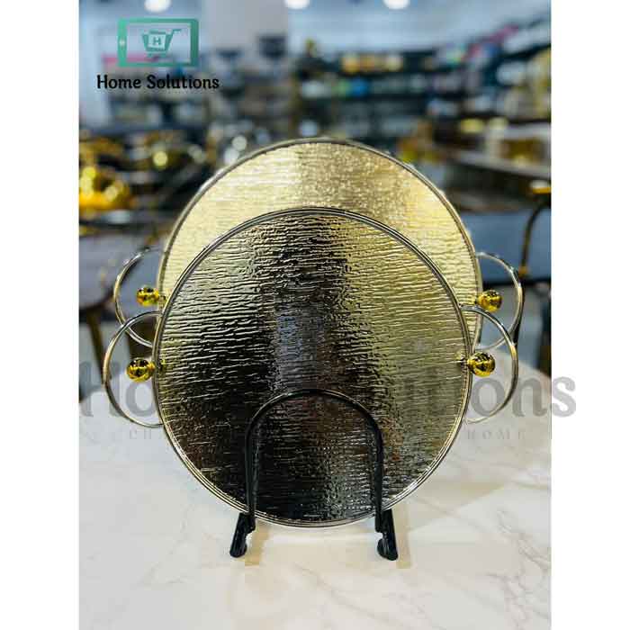 Mirrored Round Serving Tray - Gold Handles Elegant Decor