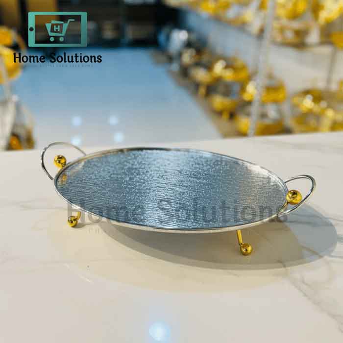 Oval Silver Platter Tray with Gold Bead - Elegant Home Decor