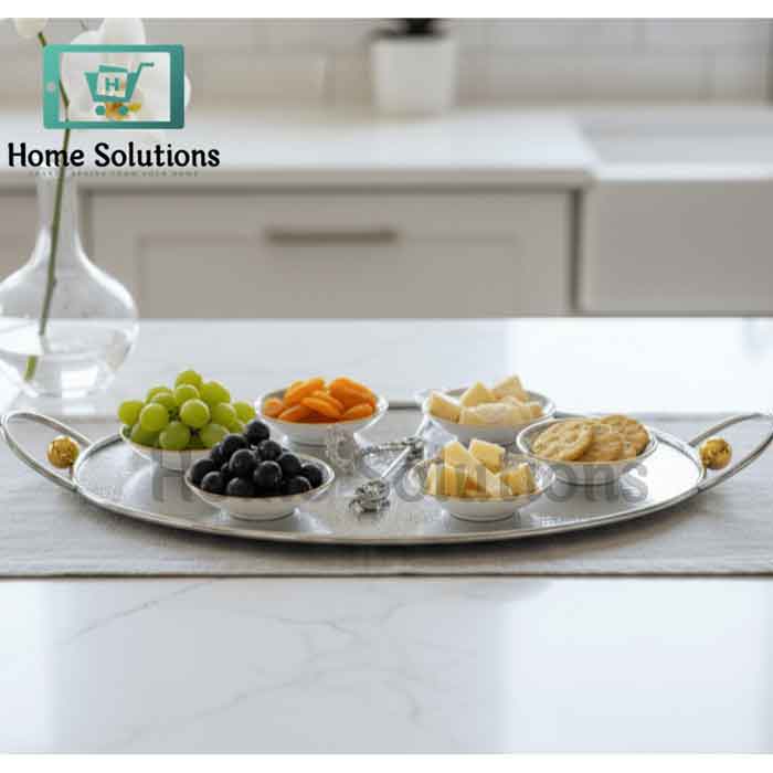 Oval Silver Platter Tray with Gold Bead - Elegant Home Decor