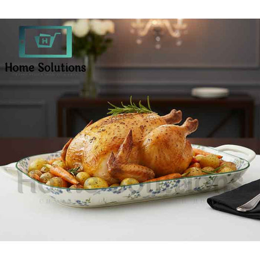 Oval Serving Plate with Handles 14"  | Blue & Green Floral Porcelain