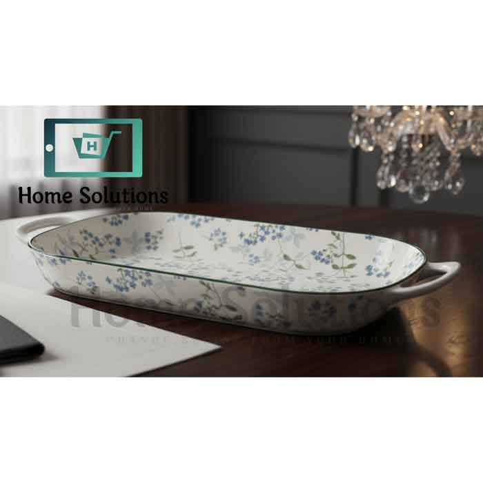 Oval Serving Plate with Handles 14"  | Blue & Green Floral Porcelain