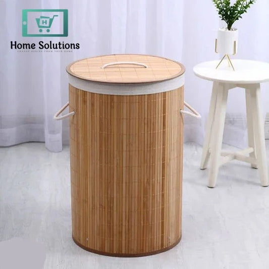 Round Collapsible Laundry Hamper Basket - Helix Design with Bamboo Frame, Foldable Clothes Bin