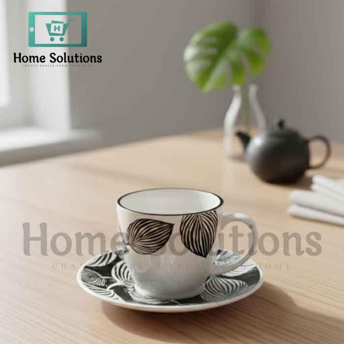 Danny Home Cup & Saucer Set - 200ml Black Leaves Set of 6