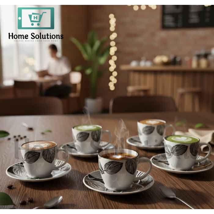 Danny Home Cup & Saucer Set - 200ml Black Leaves Set of 6