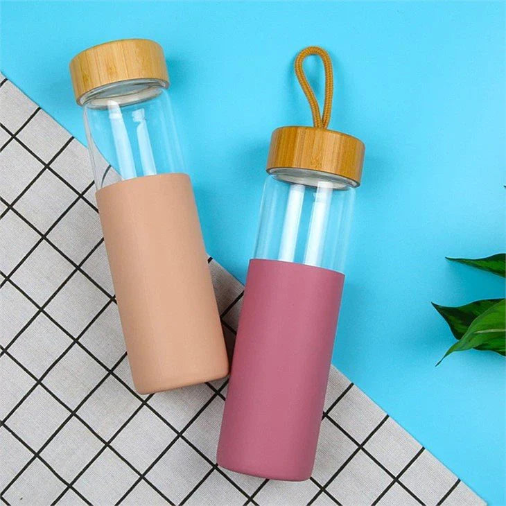 Glass Water Bottle With Wooden Cap & Silicone Cover