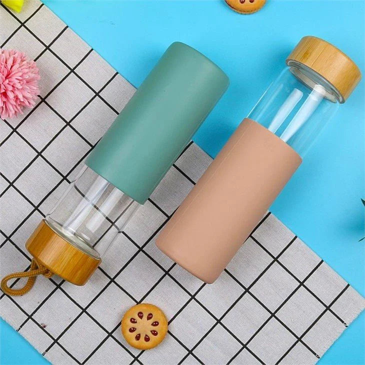 Glass Water Bottle With Wooden Cap & Silicone Cover