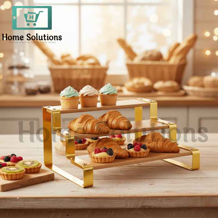 3-Tier Wood & Gold Serving Stand - Pastry & Dessert Display